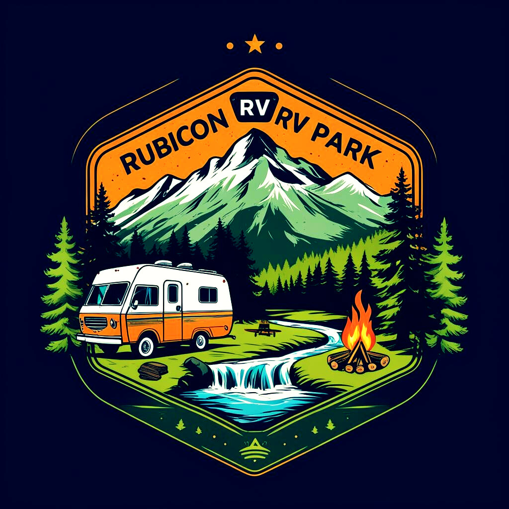 A colorful badge-style logo for Rubicon RV Park features an RV, a campfire, a stream, pine trees, and mountains in the background, creating a scenic outdoor camping atmosphere.